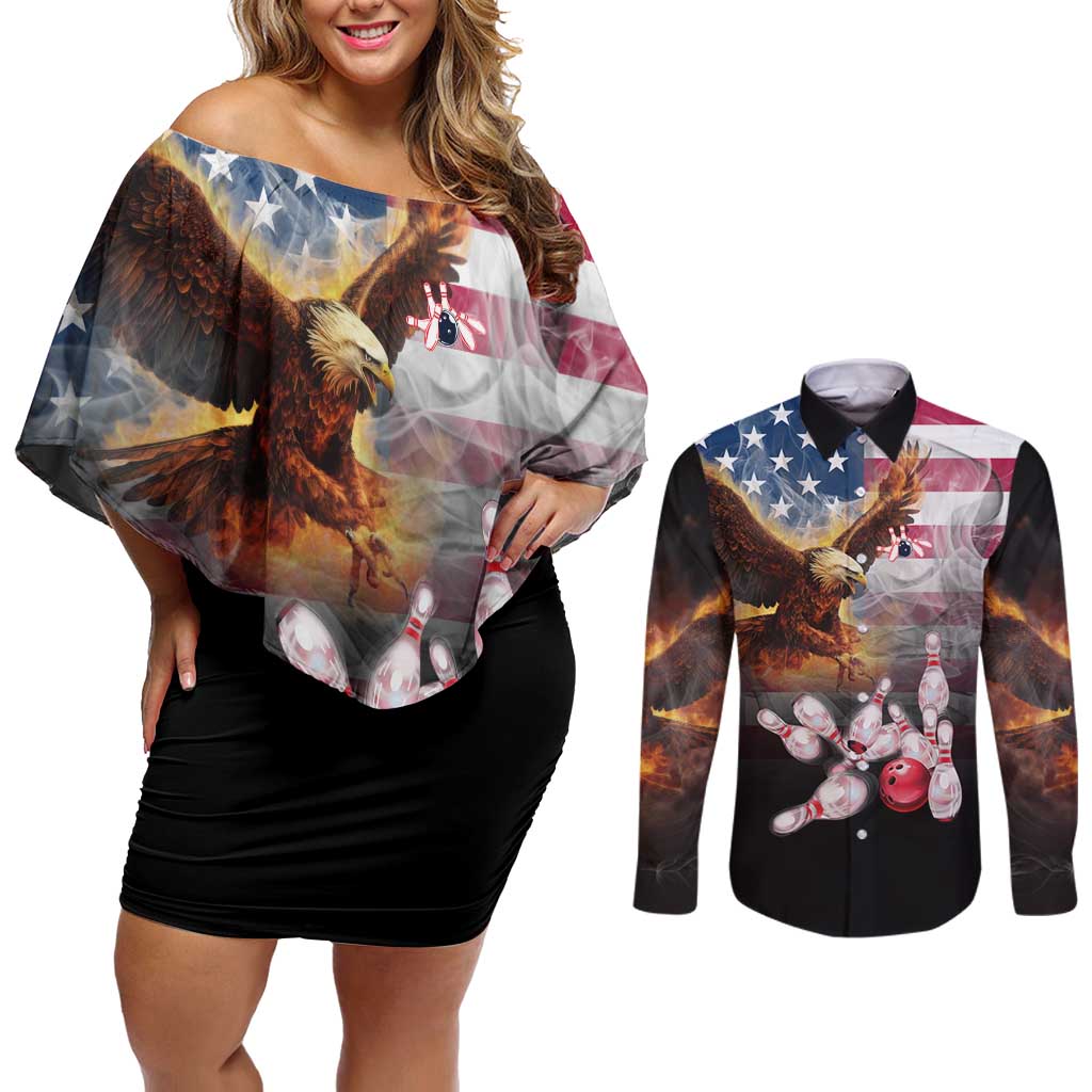 Custom Patriotic Eagle Bowling Couples Matching Off Shoulder Short Dress and Long Sleeve Button Shirt with American Flag Strike Design - Wonder Print Shop