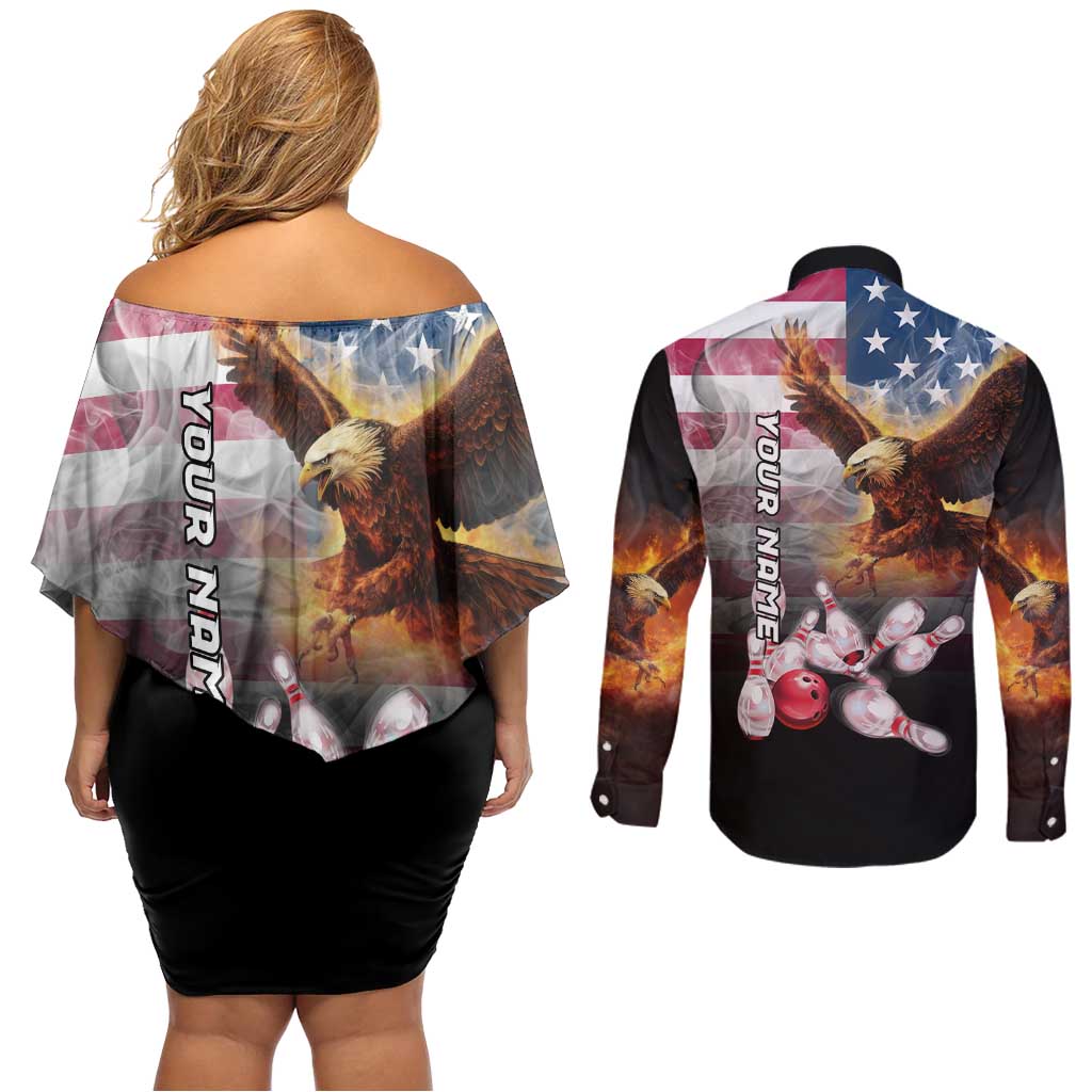 Custom Patriotic Eagle Bowling Couples Matching Off Shoulder Short Dress and Long Sleeve Button Shirt with American Flag Strike Design - Wonder Print Shop