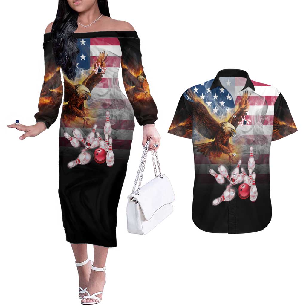 Custom Patriotic Eagle Bowling Couples Matching Off The Shoulder Long Sleeve Dress and Hawaiian Shirt with American Flag Strike Design - Wonder Print Shop