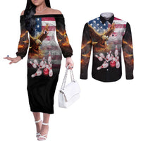 Custom Patriotic Eagle Bowling Couples Matching Off The Shoulder Long Sleeve Dress and Long Sleeve Button Shirt with American Flag Strike Design - Wonder Print Shop