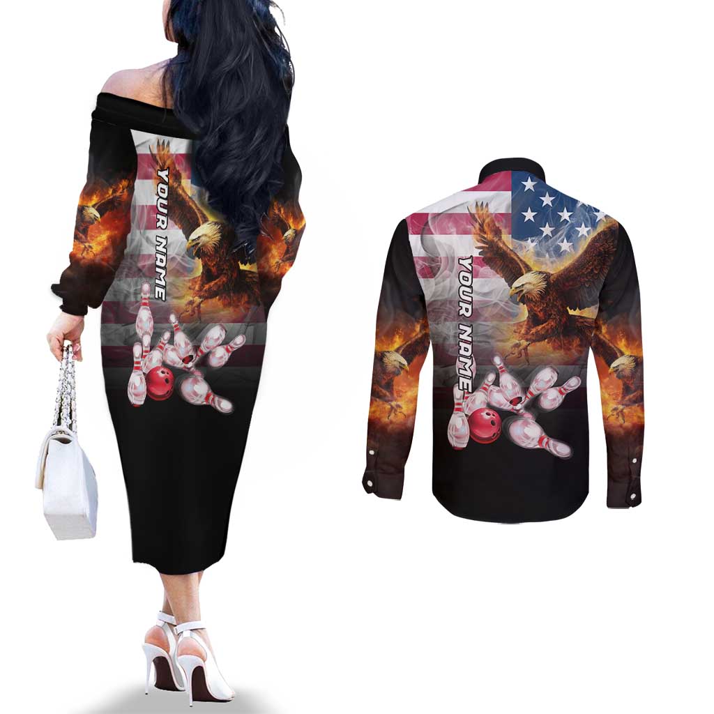 Custom Patriotic Eagle Bowling Couples Matching Off The Shoulder Long Sleeve Dress and Long Sleeve Button Shirt with American Flag Strike Design - Wonder Print Shop