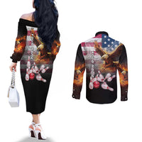 Custom Patriotic Eagle Bowling Couples Matching Off The Shoulder Long Sleeve Dress and Long Sleeve Button Shirt with American Flag Strike Design - Wonder Print Shop