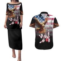Custom Patriotic Eagle Bowling Couples Matching Puletasi and Hawaiian Shirt with American Flag Strike Design - Wonder Print Shop
