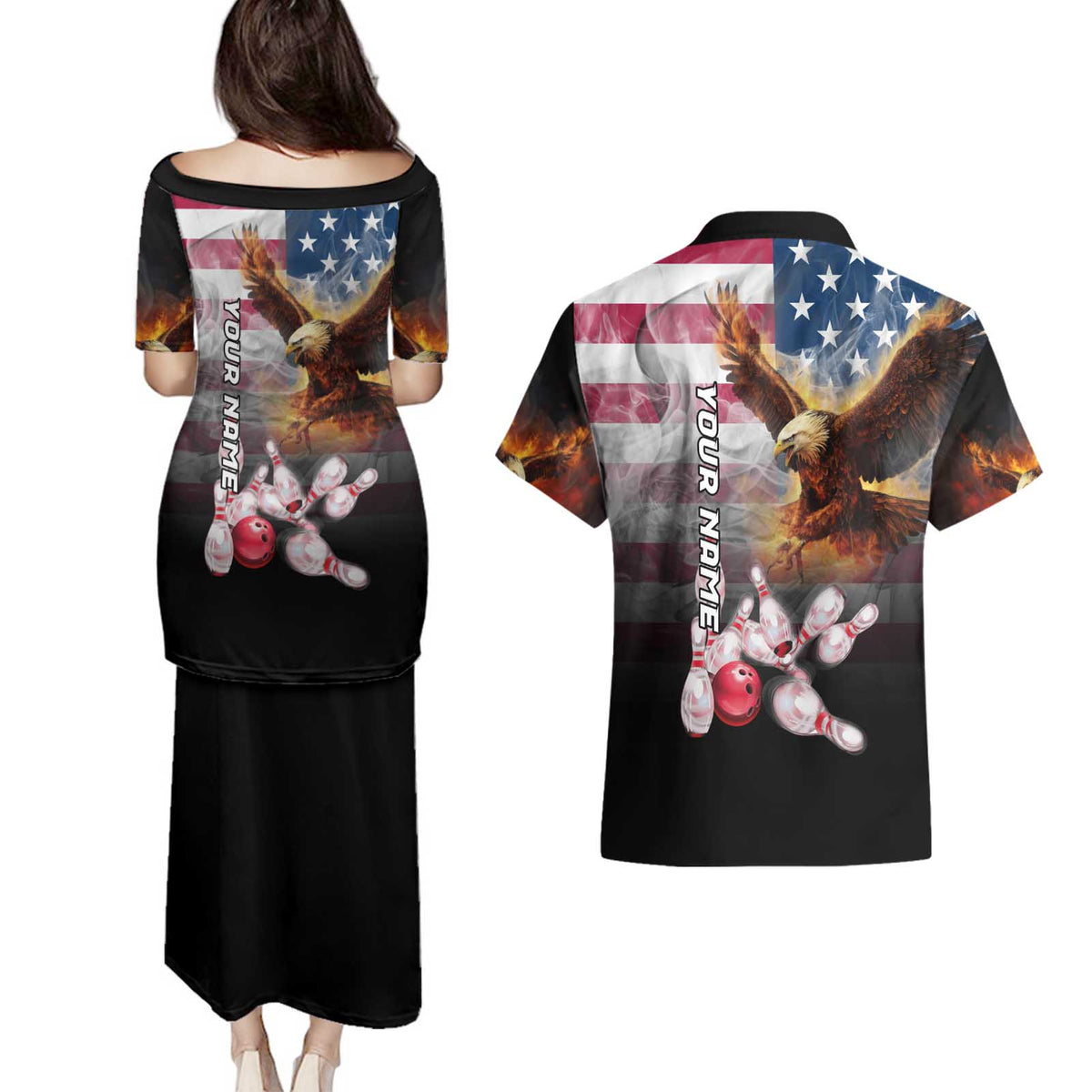 Custom Patriotic Eagle Bowling Couples Matching Puletasi and Hawaiian Shirt with American Flag Strike Design - Wonder Print Shop