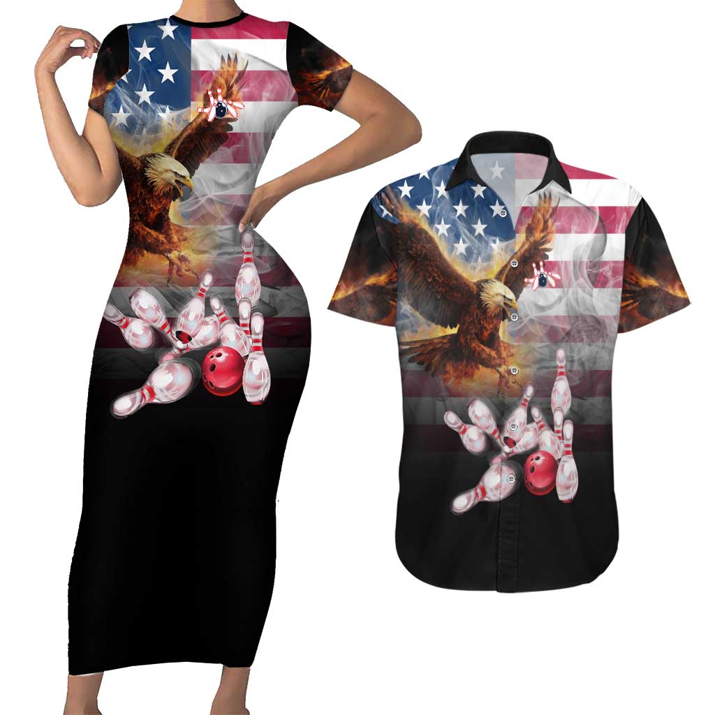 Custom Patriotic Eagle Bowling Couples Matching Short Sleeve Bodycon Dress and Hawaiian Shirt with American Flag Strike Design - Wonder Print Shop