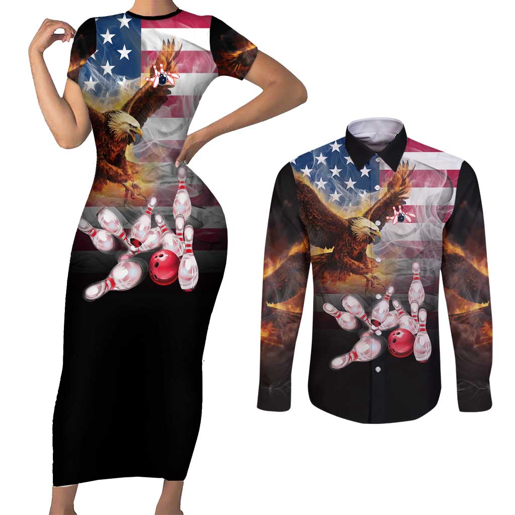Custom Patriotic Eagle Bowling Couples Matching Short Sleeve Bodycon Dress and Long Sleeve Button Shirt with American Flag Strike Design - Wonder Print Shop