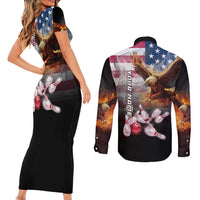Custom Patriotic Eagle Bowling Couples Matching Short Sleeve Bodycon Dress and Long Sleeve Button Shirt with American Flag Strike Design - Wonder Print Shop