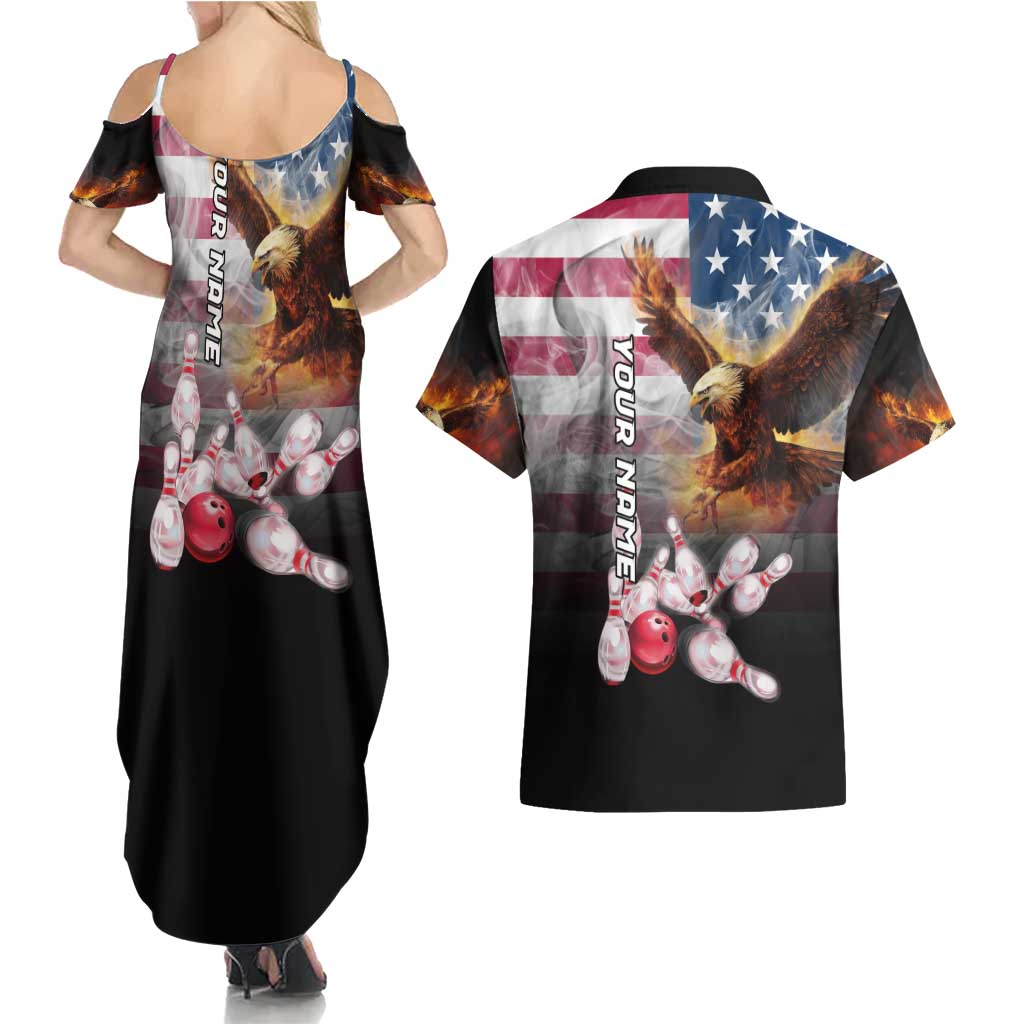 Custom Patriotic Eagle Bowling Couples Matching Summer Maxi Dress and Hawaiian Shirt with American Flag Strike Design - Wonder Print Shop