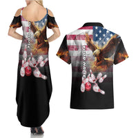 Custom Patriotic Eagle Bowling Couples Matching Summer Maxi Dress and Hawaiian Shirt with American Flag Strike Design - Wonder Print Shop