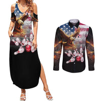 Custom Patriotic Eagle Bowling Couples Matching Summer Maxi Dress and Long Sleeve Button Shirt with American Flag Strike Design - Wonder Print Shop