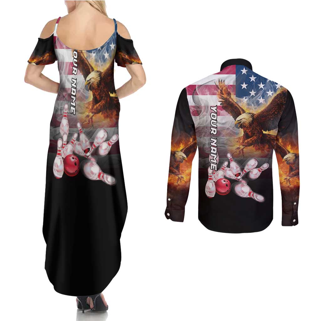 Custom Patriotic Eagle Bowling Couples Matching Summer Maxi Dress and Long Sleeve Button Shirt with American Flag Strike Design - Wonder Print Shop