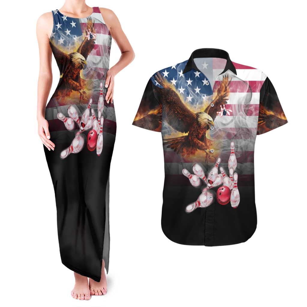 Custom Patriotic Eagle Bowling Couples Matching Tank Maxi Dress and Hawaiian Shirt with American Flag Strike Design - Wonder Print Shop