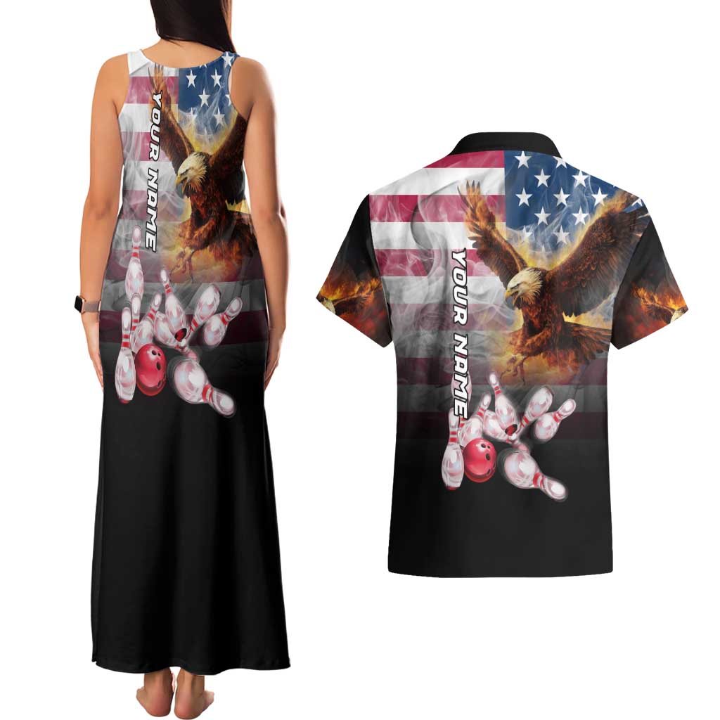 Custom Patriotic Eagle Bowling Couples Matching Tank Maxi Dress and Hawaiian Shirt with American Flag Strike Design - Wonder Print Shop