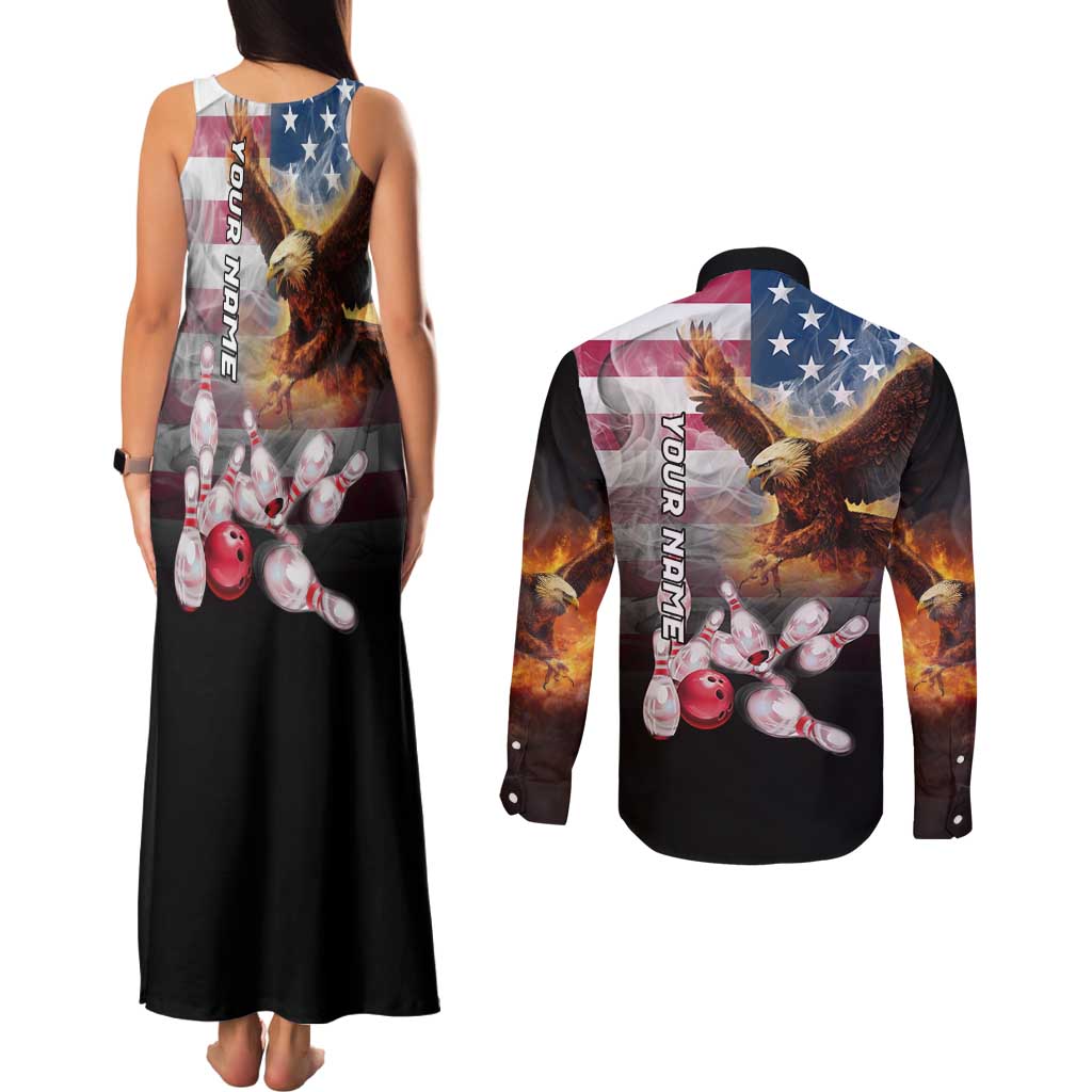 Custom Patriotic Eagle Bowling Couples Matching Tank Maxi Dress and Long Sleeve Button Shirt with American Flag Strike Design - Wonder Print Shop