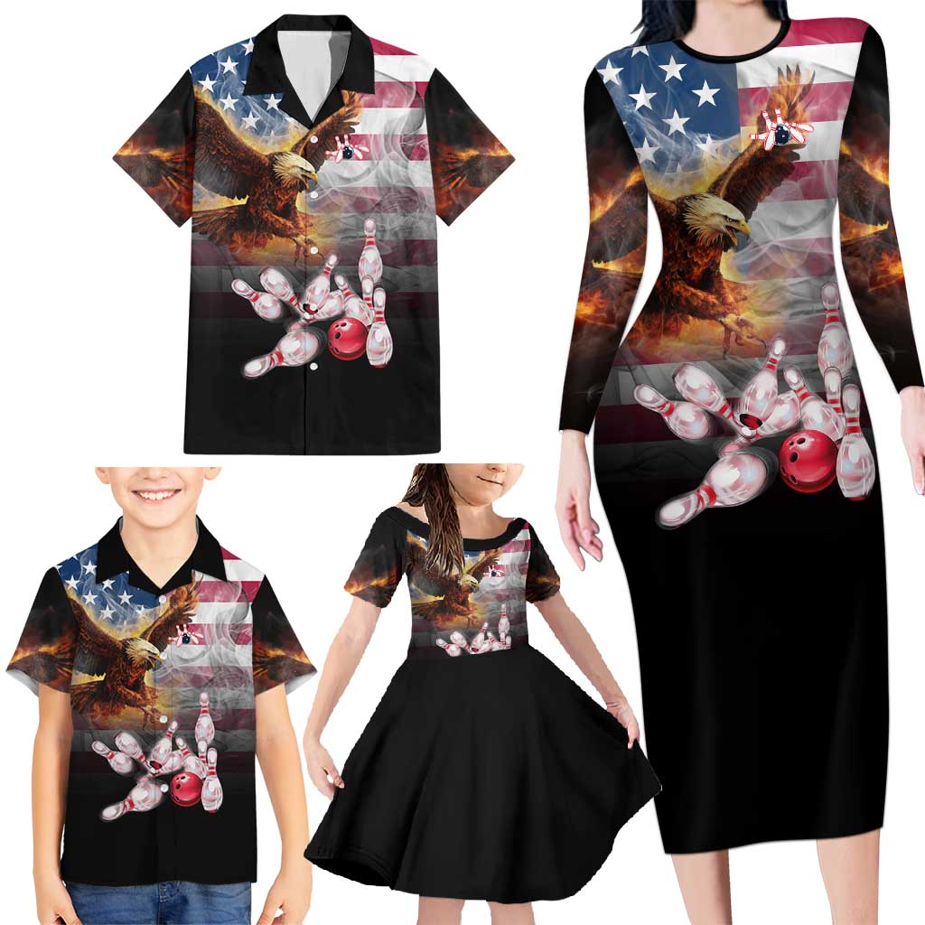 Custom Patriotic Eagle Bowling Family Matching Long Sleeve Bodycon Dress and Hawaiian Shirt with American Flag Strike Design - Wonder Print Shop