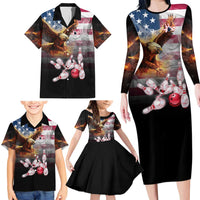 Custom Patriotic Eagle Bowling Family Matching Long Sleeve Bodycon Dress and Hawaiian Shirt with American Flag Strike Design - Wonder Print Shop