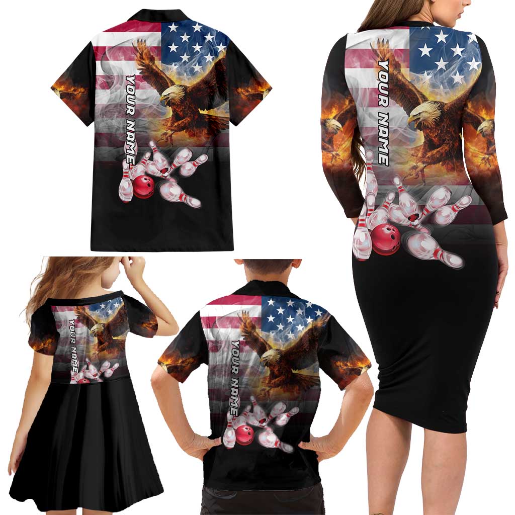 Custom Patriotic Eagle Bowling Family Matching Long Sleeve Bodycon Dress and Hawaiian Shirt with American Flag Strike Design - Wonder Print Shop