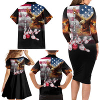 Custom Patriotic Eagle Bowling Family Matching Long Sleeve Bodycon Dress and Hawaiian Shirt with American Flag Strike Design - Wonder Print Shop