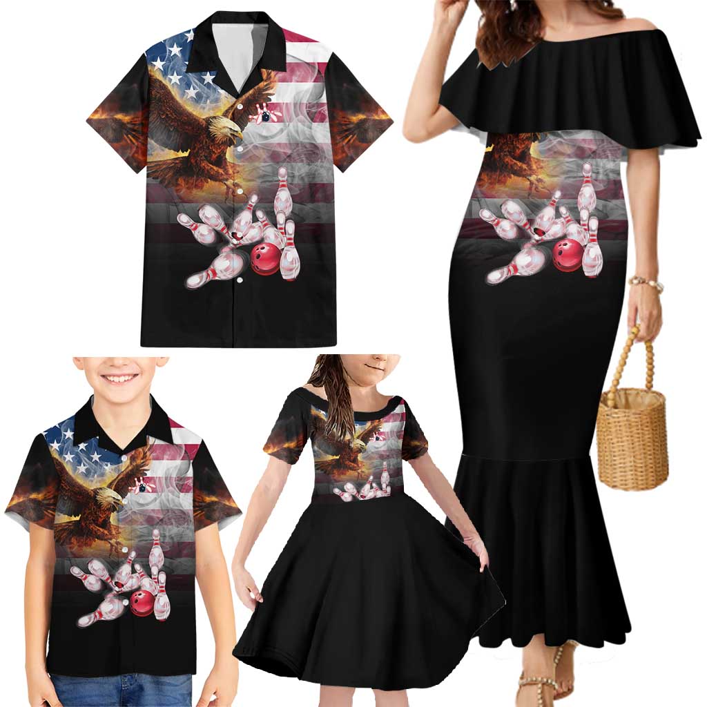 Custom Patriotic Eagle Bowling Family Matching Mermaid Dress and Hawaiian Shirt with American Flag Strike Design - Wonder Print Shop