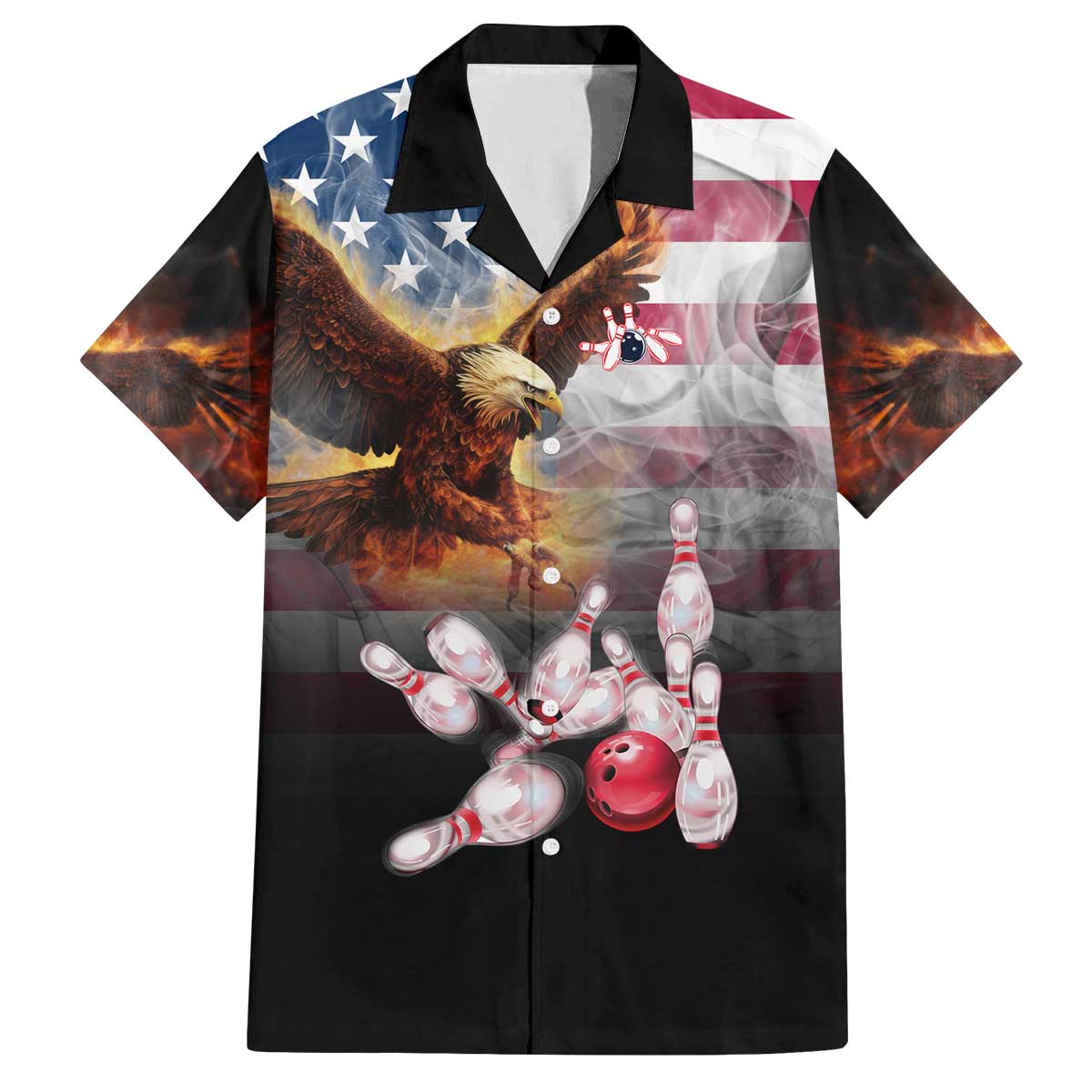Custom Patriotic Eagle Bowling Family Matching Off The Shoulder Long Sleeve Dress and Hawaiian Shirt with American Flag Strike Design - Wonder Print Shop