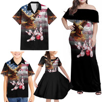 Custom Patriotic Eagle Bowling Family Matching Off Shoulder Maxi Dress and Hawaiian Shirt with American Flag Strike Design - Wonder Print Shop