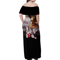 Custom Patriotic Eagle Bowling Family Matching Off Shoulder Maxi Dress and Hawaiian Shirt with American Flag Strike Design - Wonder Print Shop
