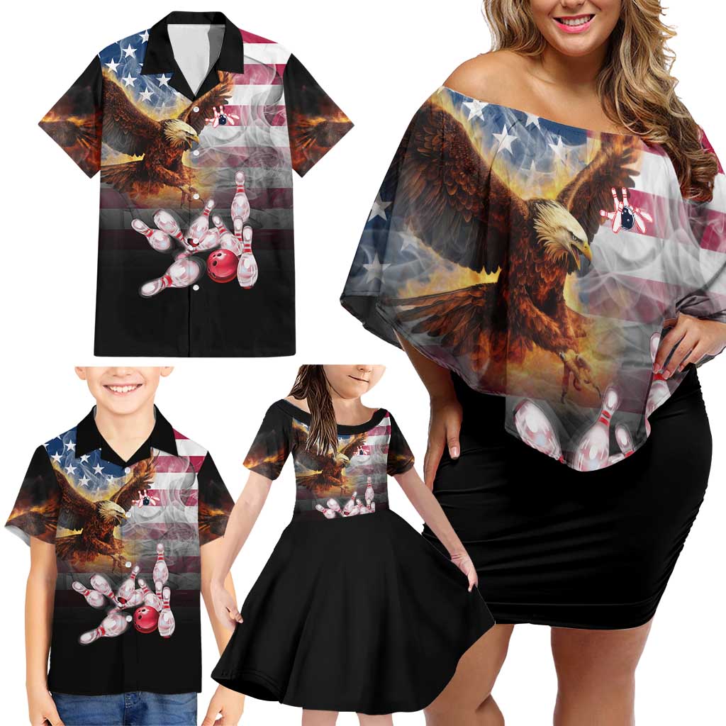 Custom Patriotic Eagle Bowling Family Matching Off Shoulder Short Dress and Hawaiian Shirt with American Flag Strike Design - Wonder Print Shop