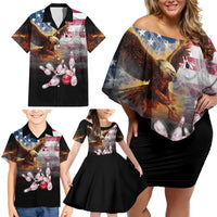 Custom Patriotic Eagle Bowling Family Matching Off Shoulder Short Dress and Hawaiian Shirt with American Flag Strike Design - Wonder Print Shop