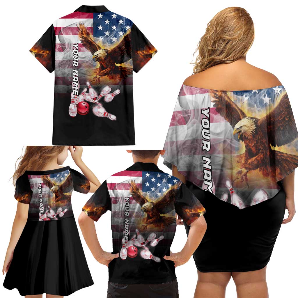 Custom Patriotic Eagle Bowling Family Matching Off Shoulder Short Dress and Hawaiian Shirt with American Flag Strike Design - Wonder Print Shop