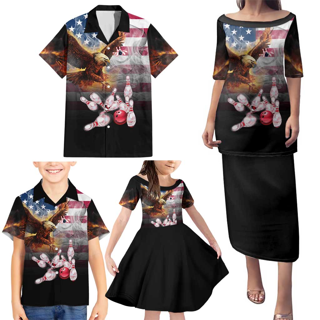 Custom Patriotic Eagle Bowling Family Matching Puletasi and Hawaiian Shirt with American Flag Strike Design - Wonder Print Shop