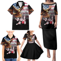 Custom Patriotic Eagle Bowling Family Matching Puletasi and Hawaiian Shirt with American Flag Strike Design - Wonder Print Shop