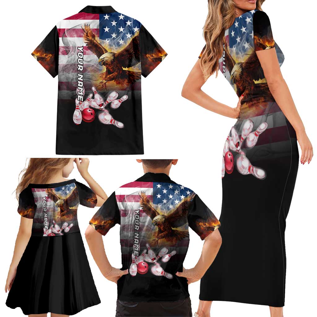 Custom Patriotic Eagle Bowling Family Matching Short Sleeve Bodycon Dress and Hawaiian Shirt with American Flag Strike Design - Wonder Print Shop