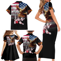 Custom Patriotic Eagle Bowling Family Matching Short Sleeve Bodycon Dress and Hawaiian Shirt with American Flag Strike Design - Wonder Print Shop