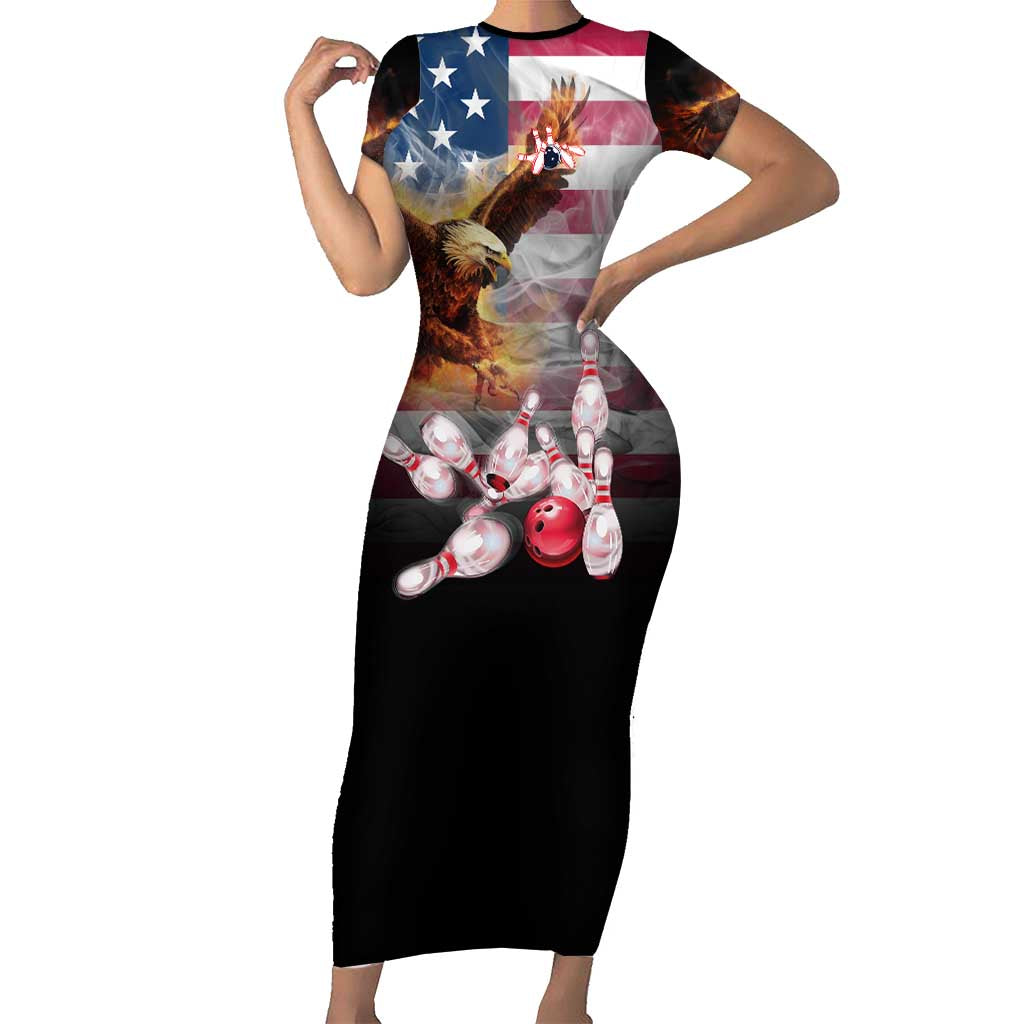 Custom Patriotic Eagle Bowling Family Matching Short Sleeve Bodycon Dress and Hawaiian Shirt with American Flag Strike Design - Wonder Print Shop