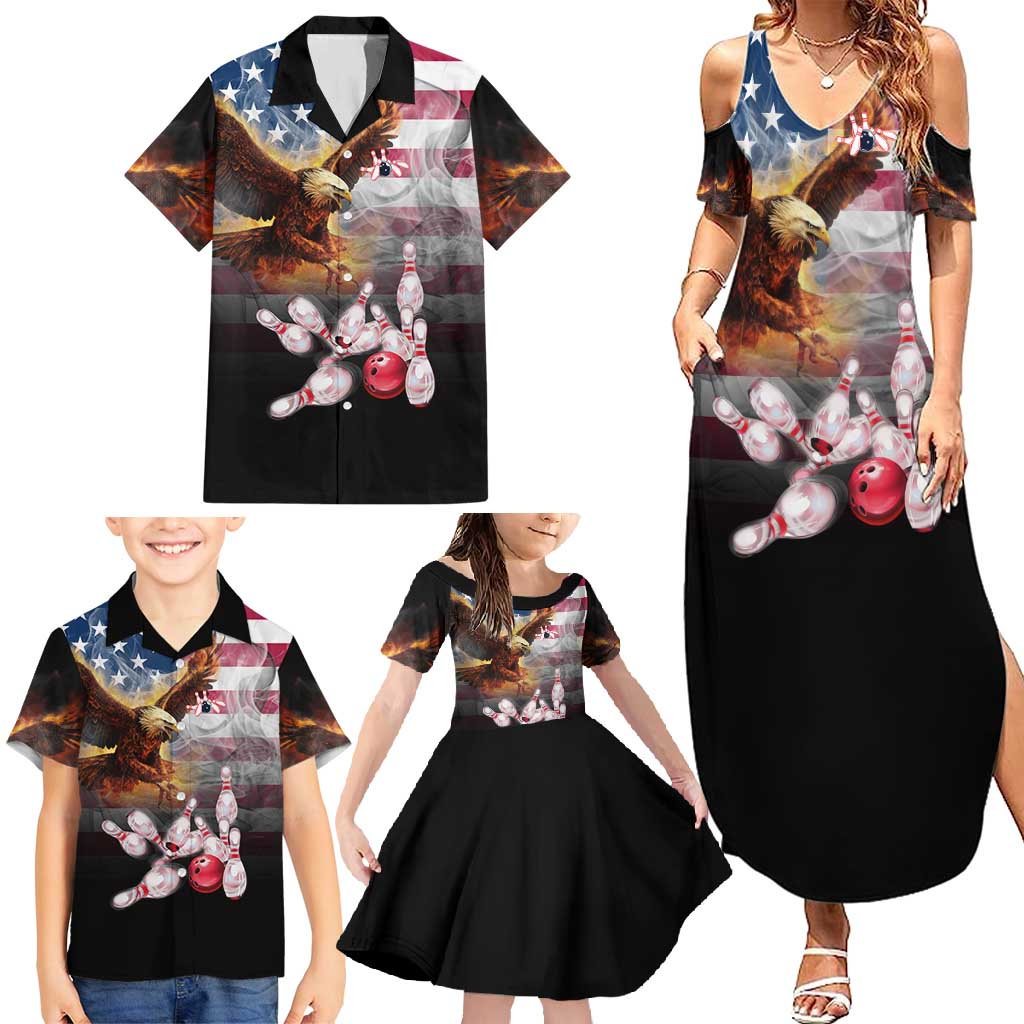 Custom Patriotic Eagle Bowling Family Matching Summer Maxi Dress and Hawaiian Shirt with American Flag Strike Design - Wonder Print Shop