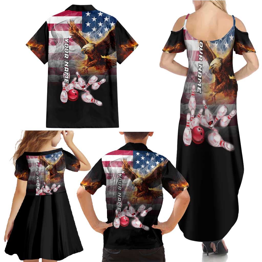 Custom Patriotic Eagle Bowling Family Matching Summer Maxi Dress and Hawaiian Shirt with American Flag Strike Design - Wonder Print Shop