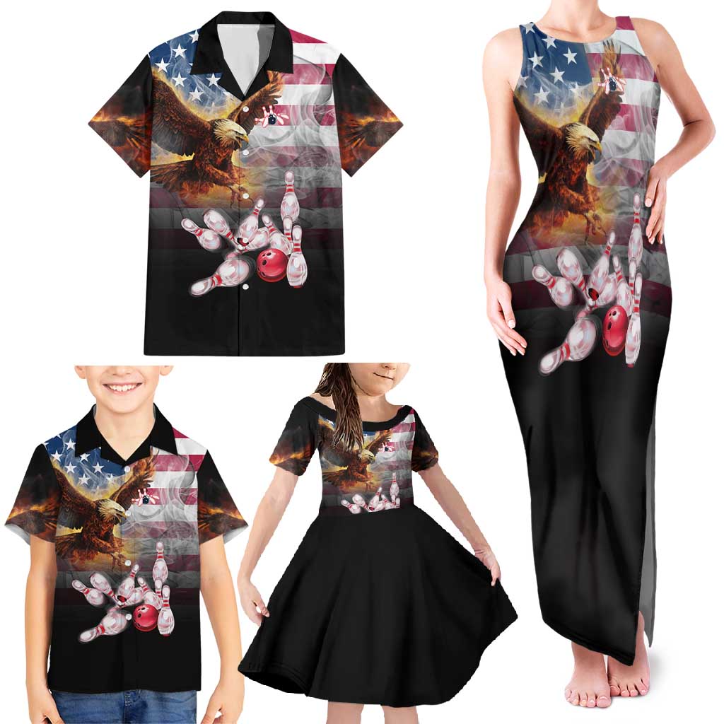 Custom Patriotic Eagle Bowling Family Matching Tank Maxi Dress and Hawaiian Shirt with American Flag Strike Design - Wonder Print Shop