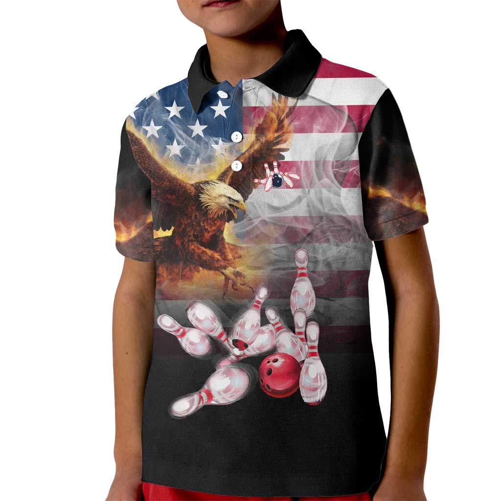 Custom Patriotic Eagle Bowling Kid Polo Shirt with American Flag Strike Design - Wonder Print Shop