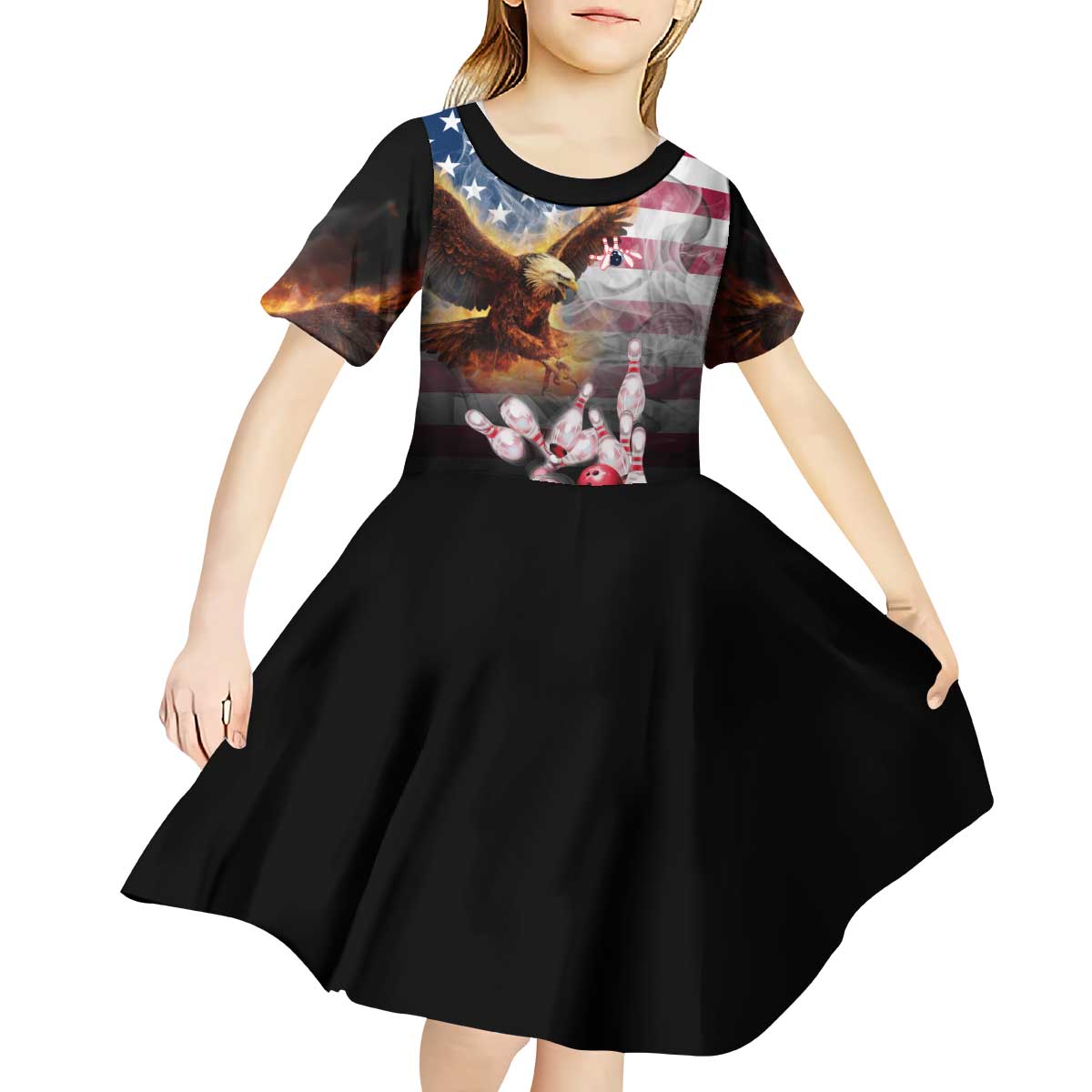 Custom Patriotic Eagle Bowling Kid Short Sleeve Dress with American Flag Strike Design - Wonder Print Shop