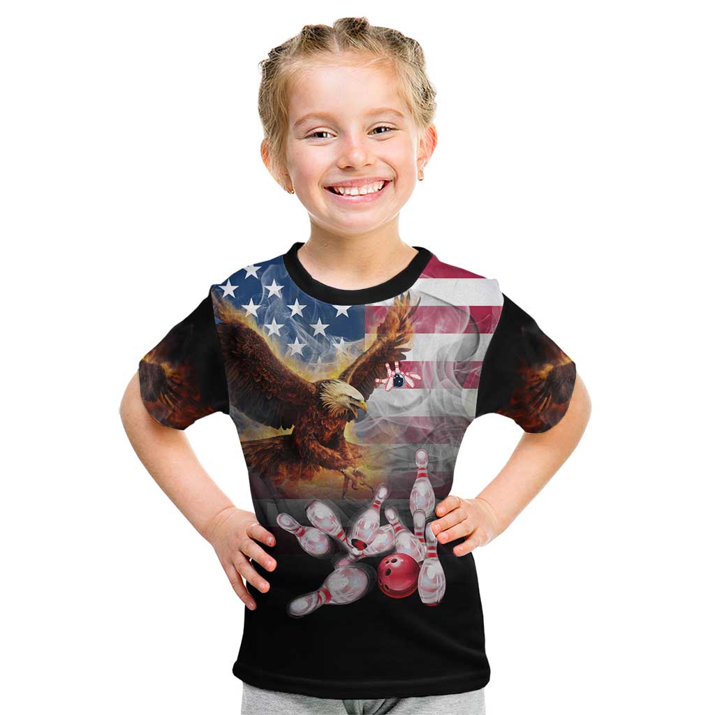 Custom Patriotic Eagle Bowling Kid T Shirt with American Flag Strike Design - Wonder Print Shop