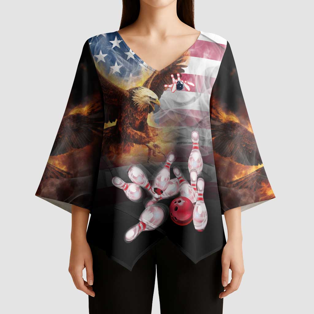 Custom Patriotic Eagle Bowling Kimono Sleeve Blouse with American Flag Strike Design - Wonder Print Shop