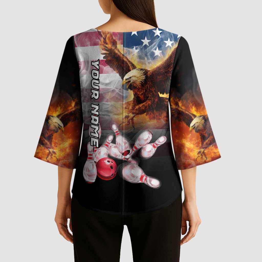 Custom Patriotic Eagle Bowling Kimono Sleeve Blouse with American Flag Strike Design - Wonder Print Shop
