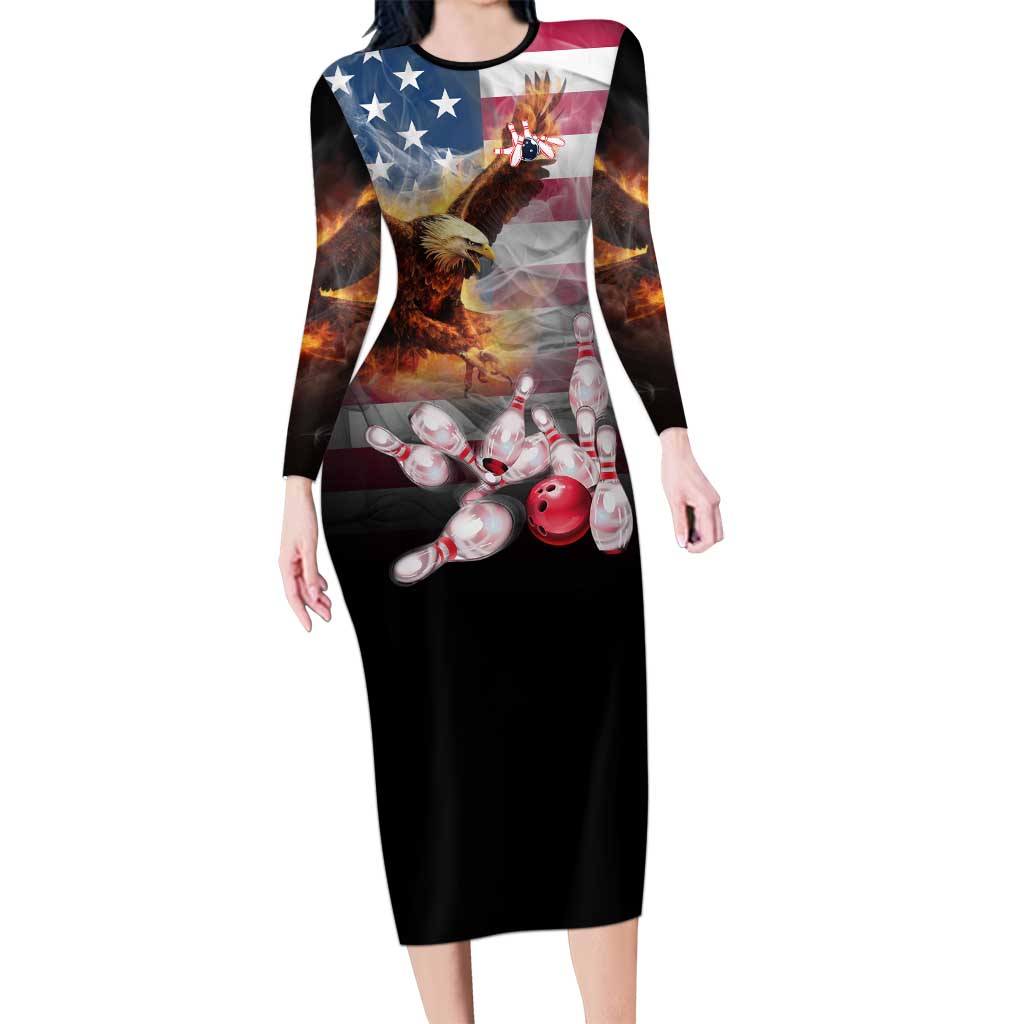 Custom Patriotic Eagle Bowling Long Sleeve Bodycon Dress with American Flag Strike Design - Wonder Print Shop