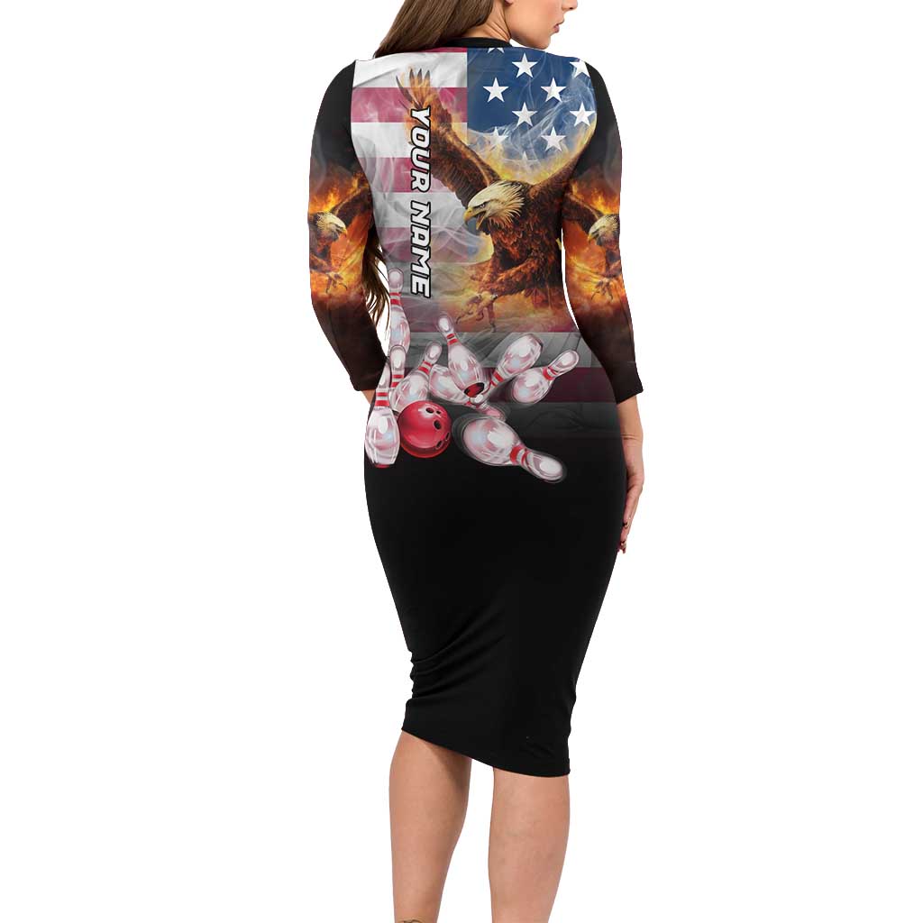 Custom Patriotic Eagle Bowling Long Sleeve Bodycon Dress with American Flag Strike Design - Wonder Print Shop