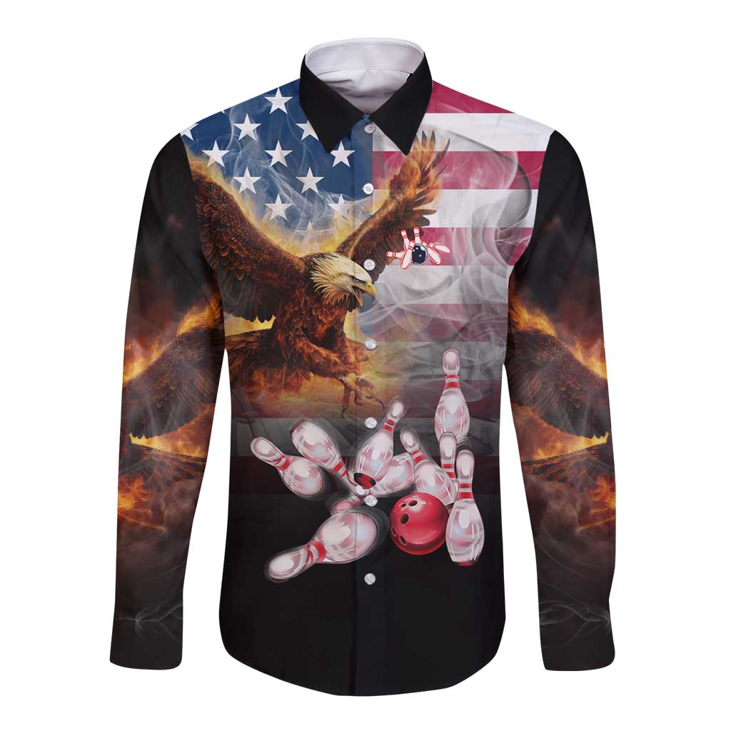 Custom Patriotic Eagle Bowling Long Sleeve Button Shirt with American Flag Strike Design - Wonder Print Shop