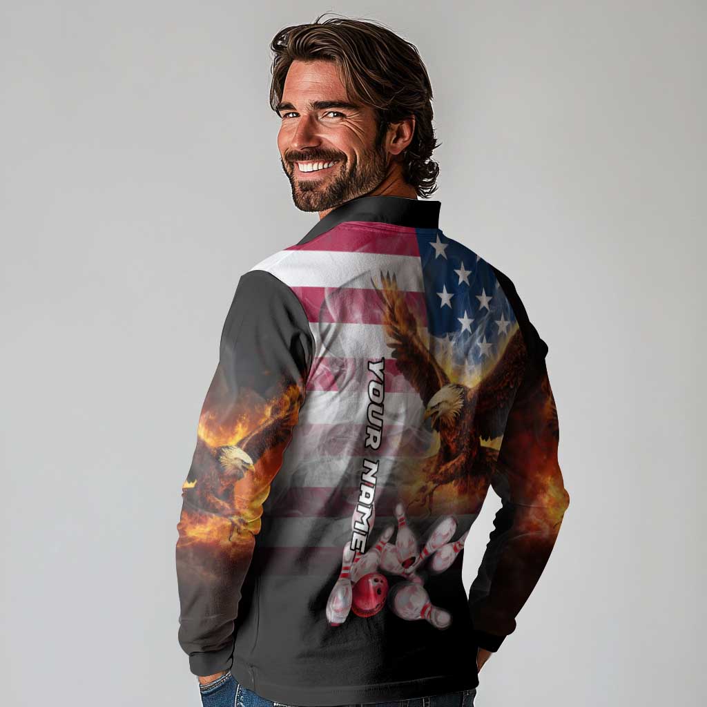 Custom Patriotic Eagle Bowling Long Sleeve Polo Shirt with American Flag Strike Design - Wonder Print Shop