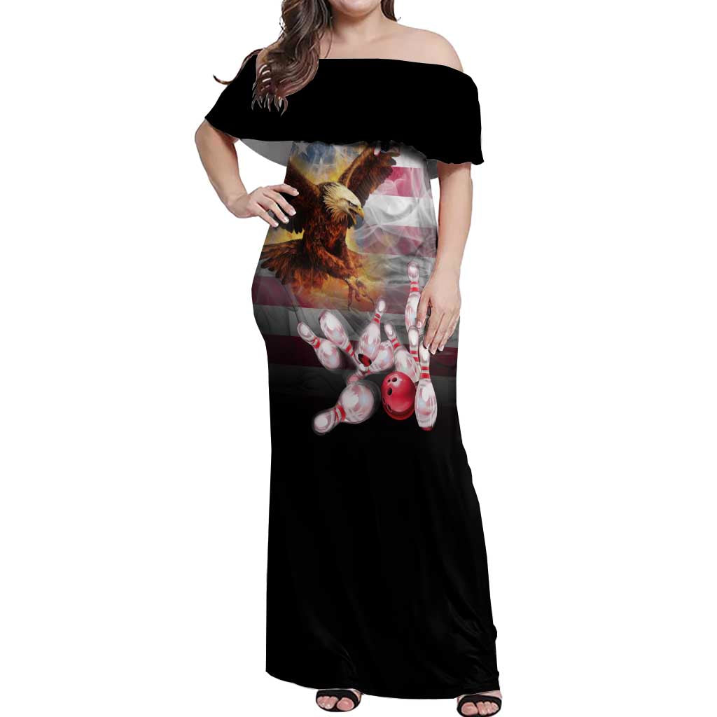 Custom Patriotic Eagle Bowling Off Shoulder Maxi Dress with American Flag Strike Design - Wonder Print Shop