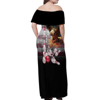 Custom Patriotic Eagle Bowling Off Shoulder Maxi Dress with American Flag Strike Design - Wonder Print Shop