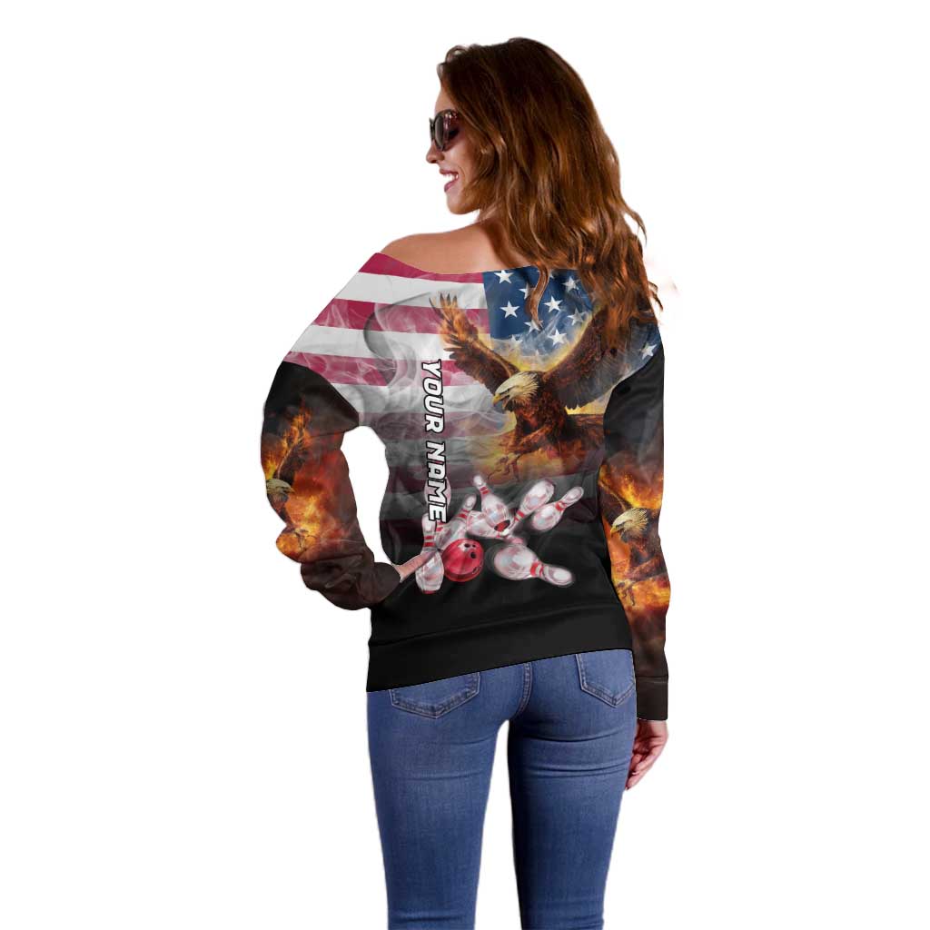 Custom Patriotic Eagle Bowling Off Shoulder Sweater with American Flag Strike Design - Wonder Print Shop
