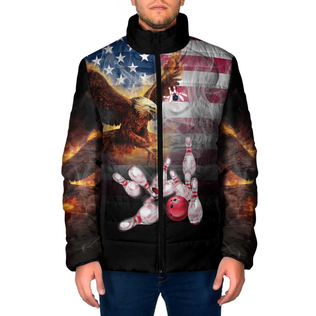 Custom Patriotic Eagle Bowling Padded Jacket with American Flag Strike Design - Wonder Print Shop